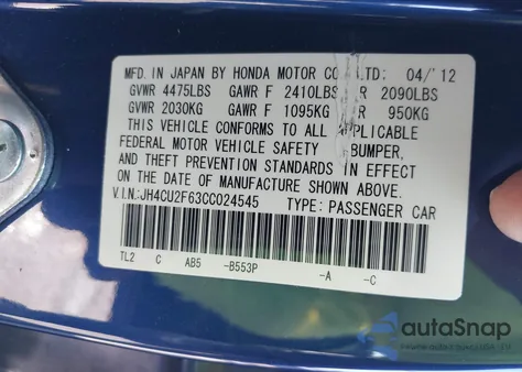 2012 Acura Tsx 2.4 из США, поврежденный, VIN JH4CU2F63CC024545